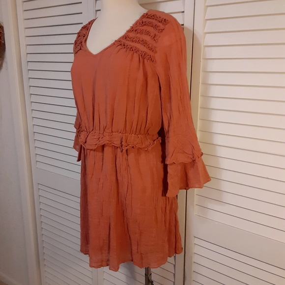 C&V Cottage Style Crepe Mini Dress with Ruffles & Bell Sleeves - Picture 13 of 15